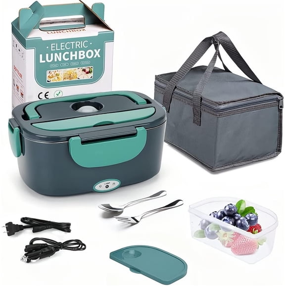 Lonchera Termica Eléctrica Portátil para Hombre y Mujer, 3 en 1 Fiambrera 1.5L, Calentador de Alimentos, Caja de Almuerzo con Recipientes de Acero Inoxidable y Horquillas (24v/11