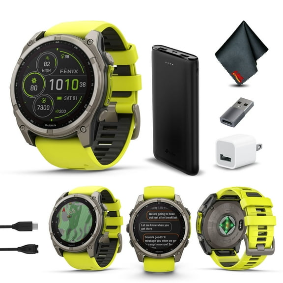 Garmin Fenix 8 51MM Solar Sapphire Multisport GPS Smartwatch Titanium with Amp Yellow Silicone Band, 48 Days Battery Life, Built-in LED flashlight, Health & Fitness Smart Watch Bundle for Men & Women