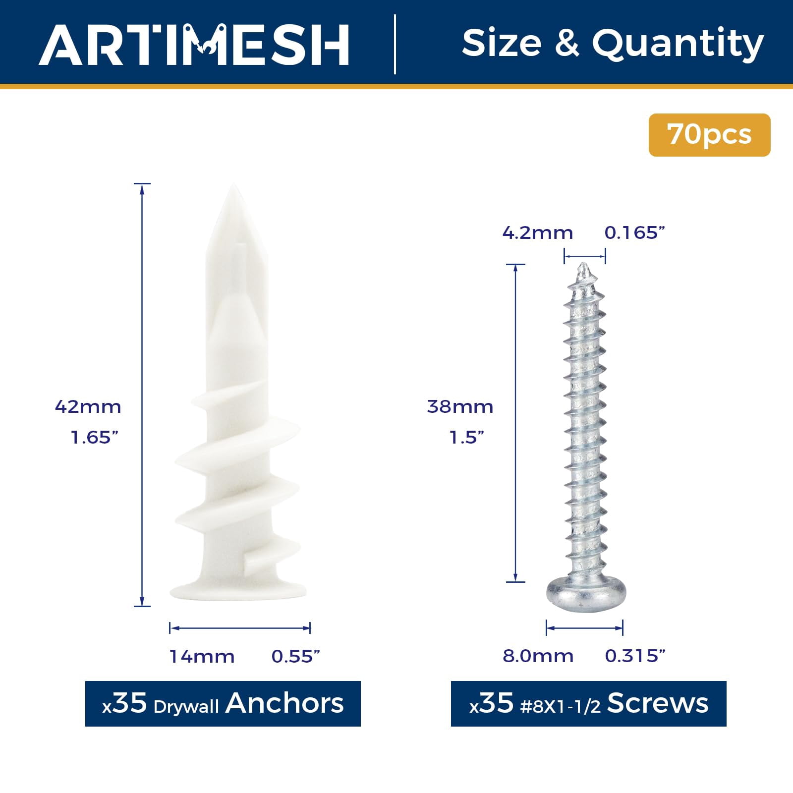 8# 70PCs Self Drilling Drywall Anchors Kit - 75LBs Heavy Duty Plastic Drywall Hangers with 35 Self-Tapping Screws - Mounting Hardware for Sheetrock Anchors