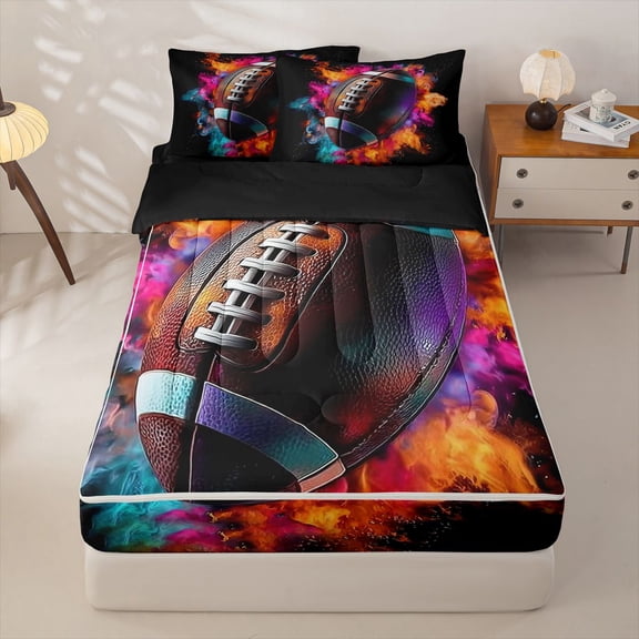Homewish Colorful Fire Football Zipper Twin Comforter Sets with Fitted Sheet and 2 Pillowcases, Sport Zipper Bedding Set for Boys and Men, Black Reversible, 4pcs