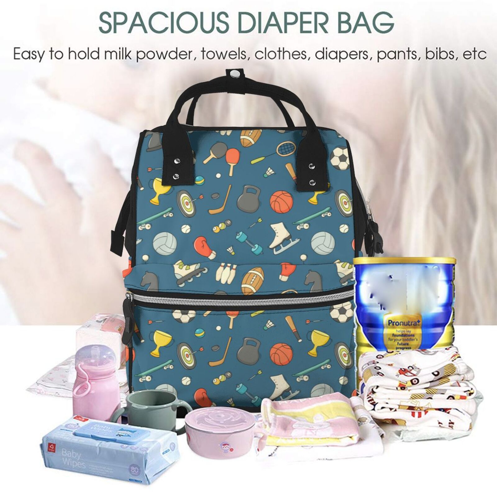 Ratiio Sports Ball Mummy Backpack - Waterproof Twill Canvas, Large Capacity Diaper Bag with Multiple Pockets and Adjustable Straps
