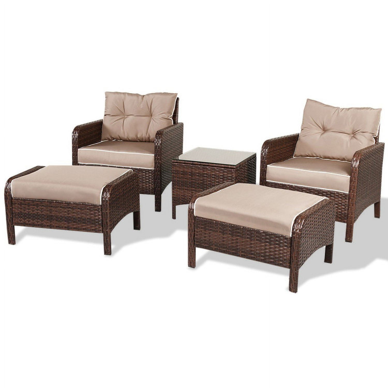 Aimee Lii 5 Pieces Patio Rattan Sofa Ottoman Furniture Set with Cushions, Outdoor Patio Furniture, Brown