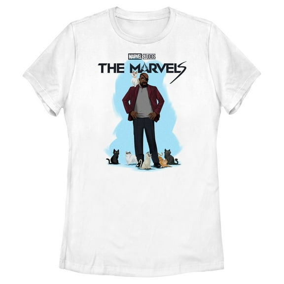 Women's The Marvels Nick Fury and Cats Graphic Tee White Large