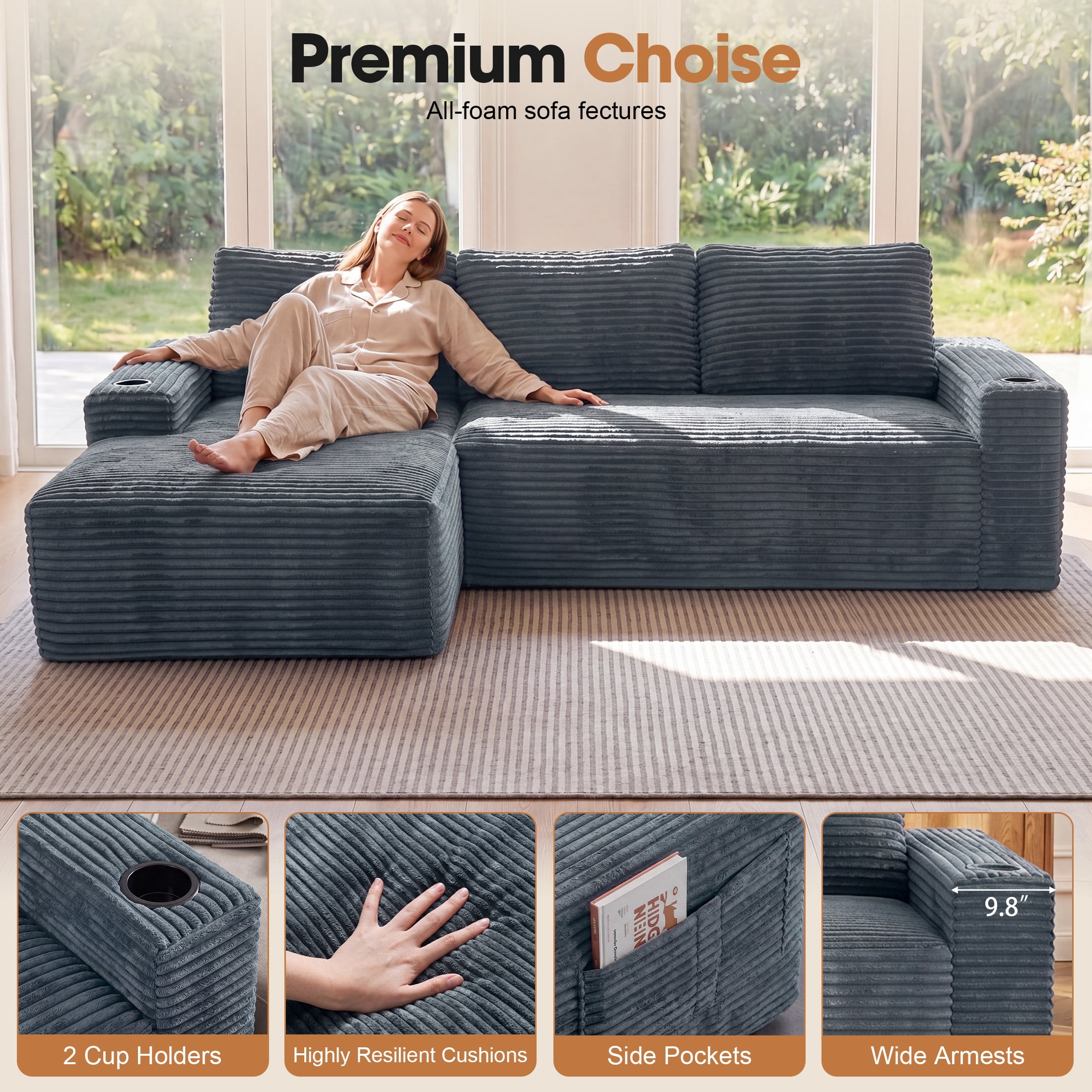 Aenkyo 104 Inch Corduroy L-Shaped Cloud Sectional Sofa with Left Facing Chaise and Cup Holders, Gray