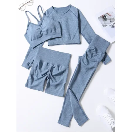 

Yishow-B 4pcs Yoga Fitness Tracksuits Sleeveless Sports Bra & Log Sleeve Thumb Hole T Shirt & Shorts & Leggings Women‘s Activewear