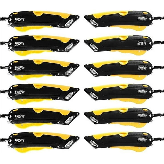 Easy Box Cutter, extra tape cutter at back, dual side edge guide, 3 blade depth setting, 2 blades and holster - Yellow 2000 (Pack of 12)