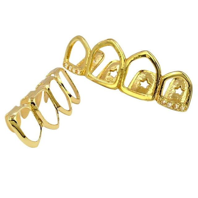 Parrillas Chapadas en dieciocho , 4 Colmillos, Conjunto Inferior, Cara Abierta, Colmillos, Rejilla, , Rock, Joyería de Disfraz Oro