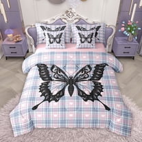 Manfei Romantic Butterfly Print Twin Bedding Sets 7-Piece, Kawaii Cartoon Animal Bedding Comforter Set, Blue Pink Fashion Buffalo Reversible Sheet Sets, Breathable Home Decor
