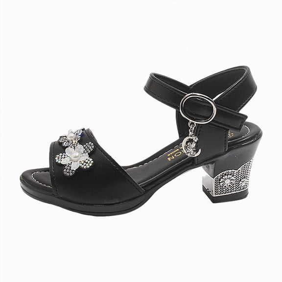 Ymyiu Flower Girl Shoes Girls Sandals Low Heels Dress Pump Open Toe Heels with Bow Ankle Strap Girl School Party for Little Big Kid Size 12 (Black,Little Kids 12)