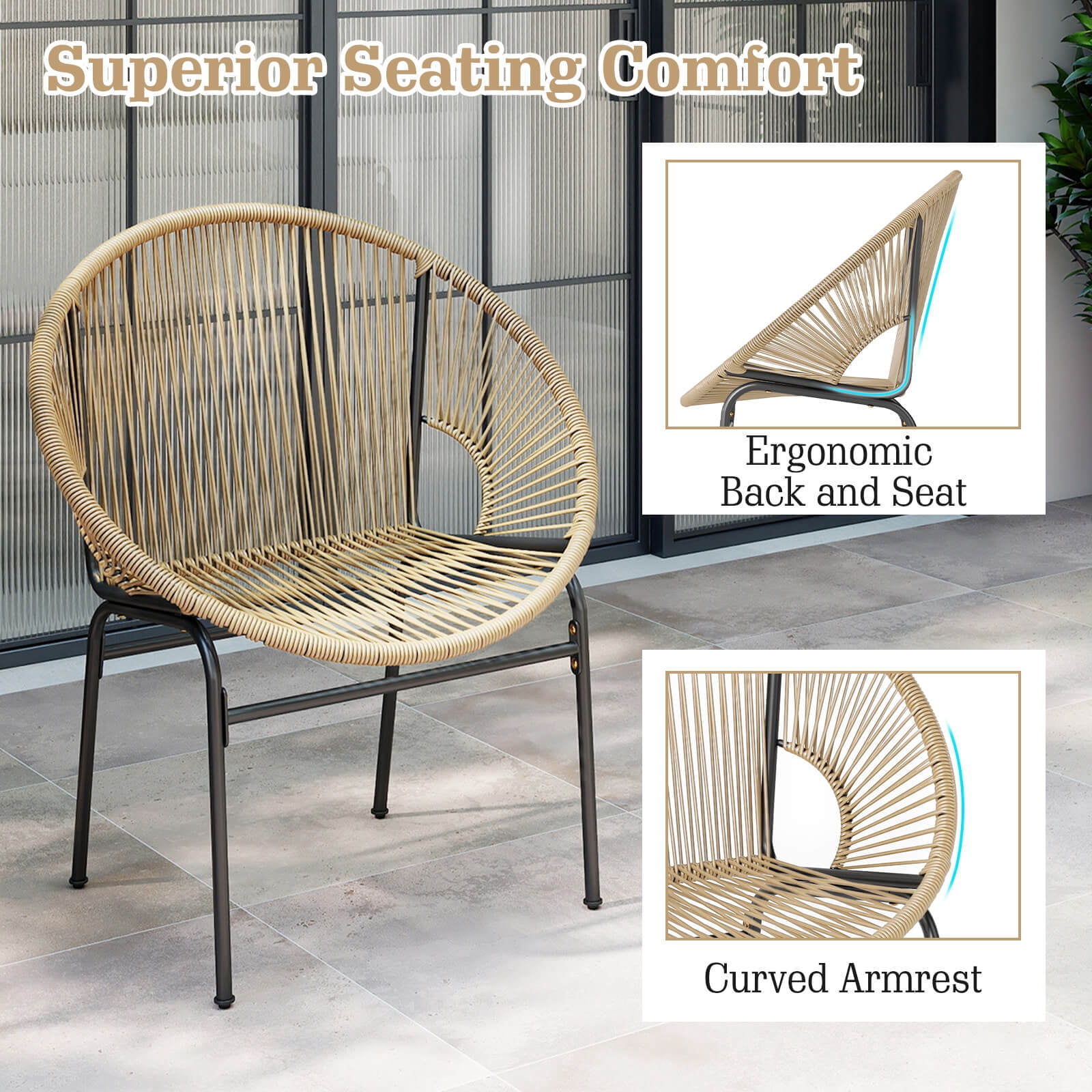 Costway 3-Piece Wicker Patio Bistro Set,Outdoor Acapulco Chairs and Tempered Glass Table Beige + Black