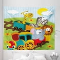 thumbnail image 1 of Animal Tapestry, Cartoon Safari Wild Animals in a Train with Striped Backdrop Toys Art Print, Fabric Wall Hanging Decor for Bedroom Living Room Dorm, 5 Sizes, Multicolor, by Ambesonne, 1 of 1
