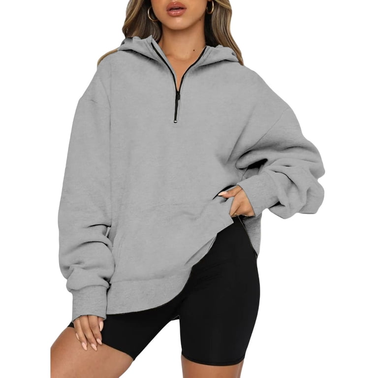 LEZMORE Women's Zip Hoodie Long Sleeve Drop Shoulder Oversized Y2K Hoodie Quarter  Zip Light Gray L - Walmart.com