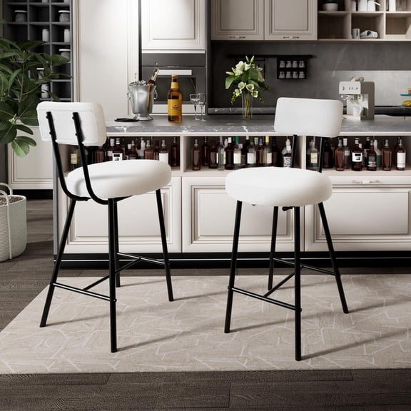 EastVita Modern Upholstered Bar Stools Set of 2 - Counter Height Bar Chairs with Round Seat/Back/Footrest for Kitchen Island/Dining Room/Pub - White