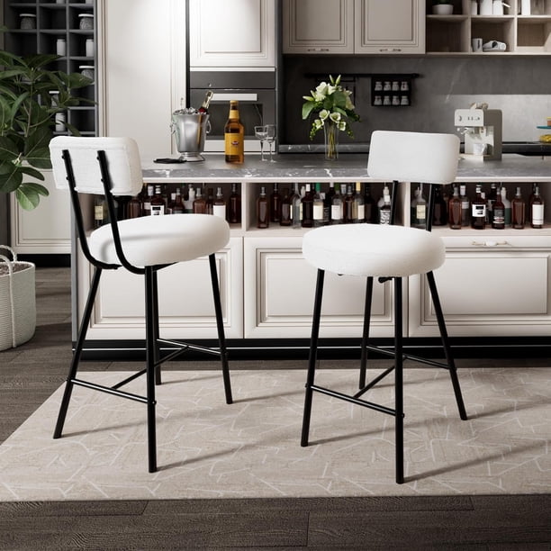 Set of 2 blanca moderno forrado bar stools: counter height con round seat, back y footrest para kitchen island, dining room o pub