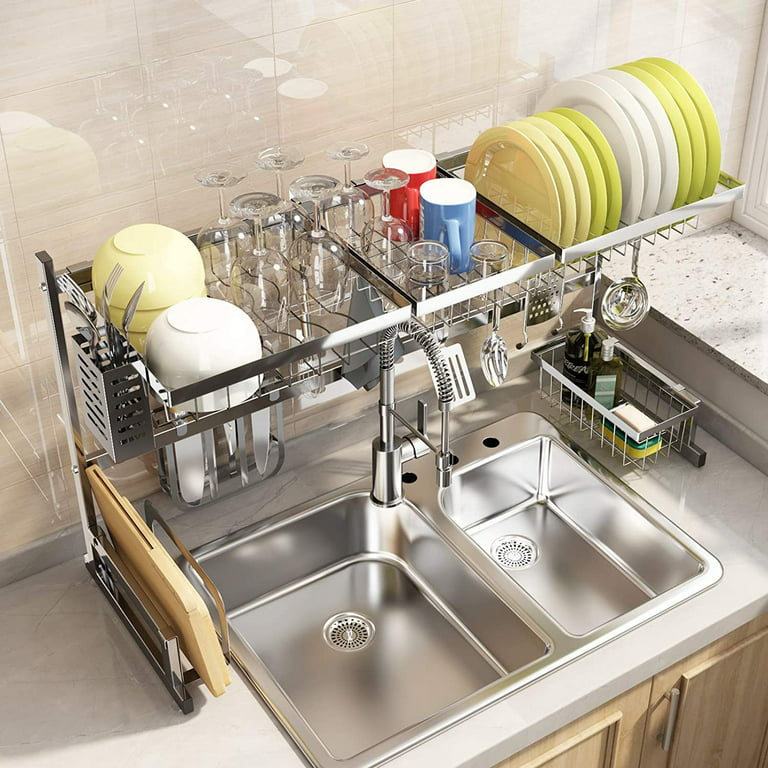 Over The Sink Dish Drying Rack, Full Stainless Steel Adjustable (26.8 to  34.6) Large Dish Drying Rack for Kitchen Counter with Multiple Baskets  Utensil Sponge Holder Sink Caddy, 2 Tier Silver