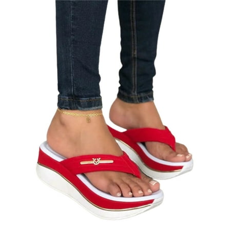 

Women Bulky Platform Slippers Casual Thongs Sandals PU Flat Heel Slide Shoes