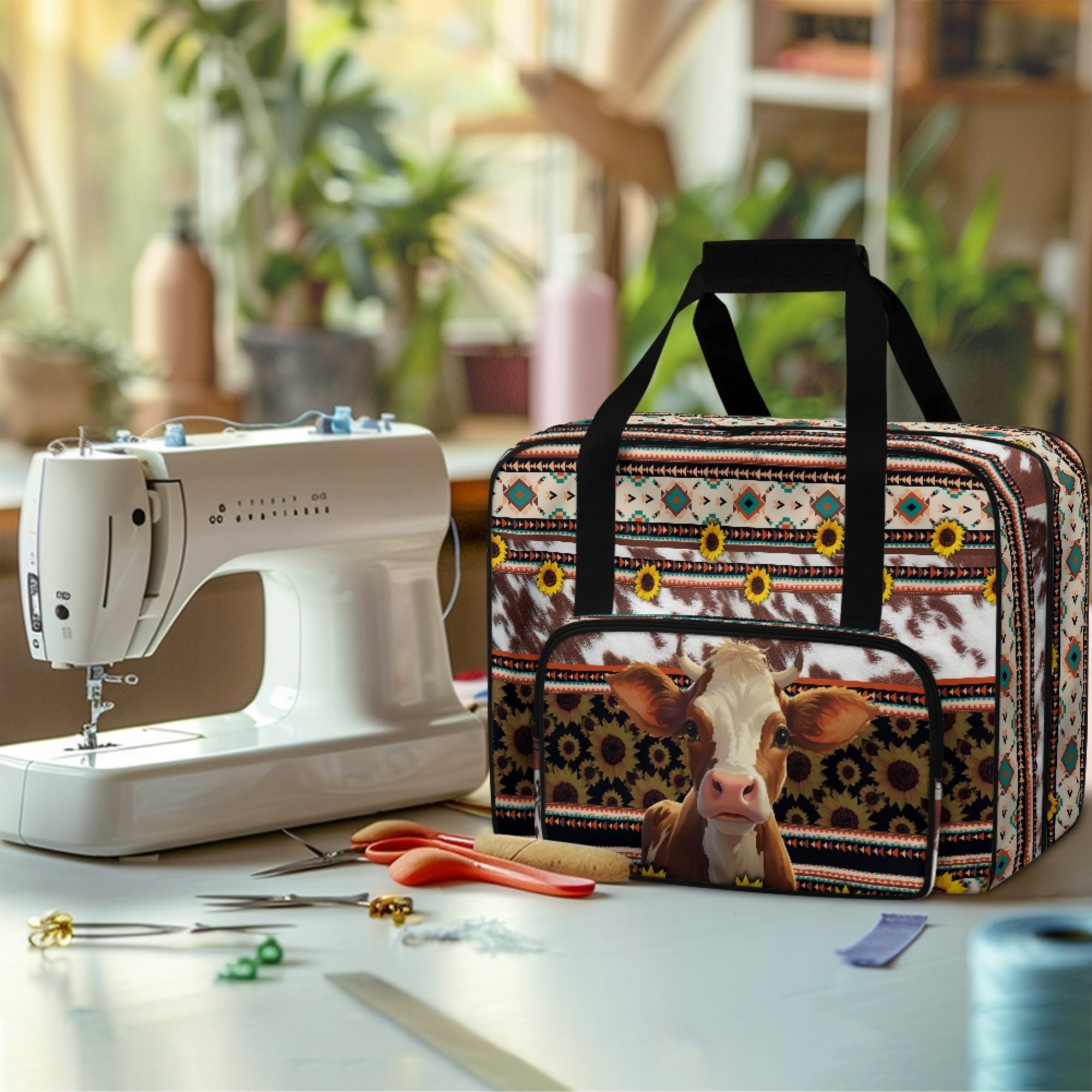 ZIATUBLE Aztec Ethnic Sewing Machine Tote Bag Sunflower Cow Traveling Bag with Zipper Cow Print Organizer Bag with Storage Pocket Sewing Machine Cabinets and Storage Organizer