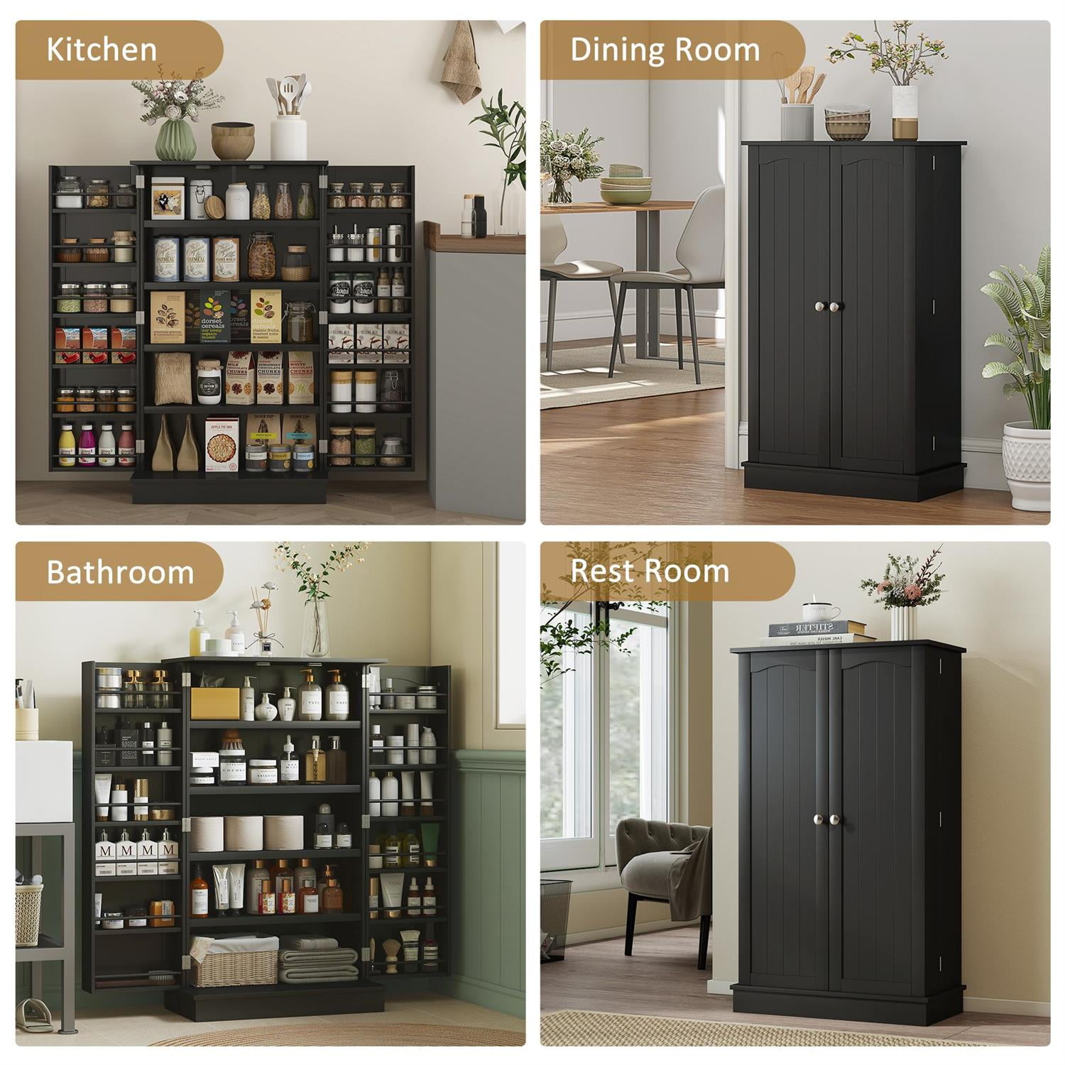 Demi Bonn 40" Kitchen Pantry Cabinet with 12 Shelves, 5 Tiers, Storage Cabinet for Home Use, Durable Construction & Spacious Storage, Black