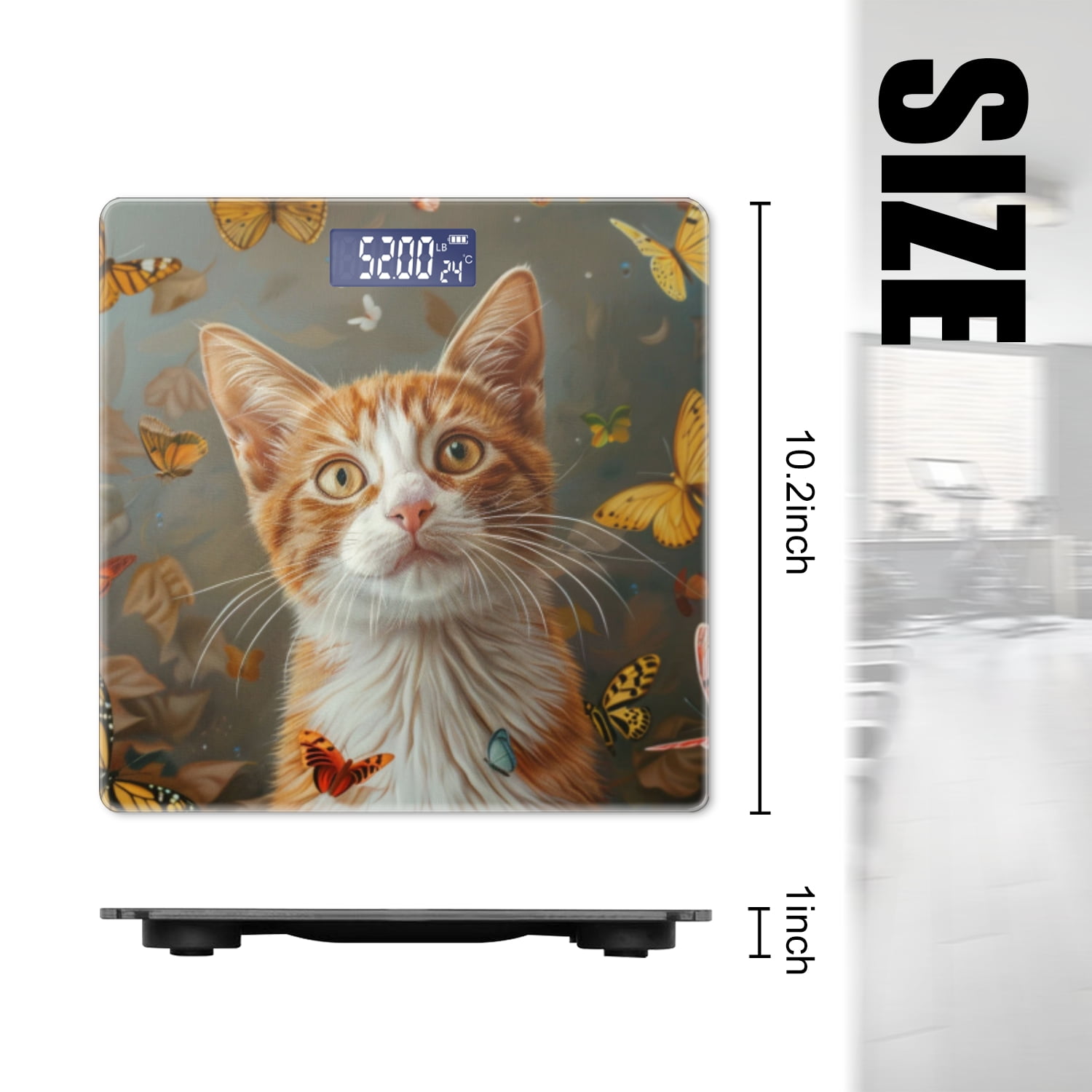 High Precision Body Weight Scale Smart Bathroom Scales with Large LCD Display(400lbs),Decorative for Bedroom-Orange And White Cat Surrounded By Butterflies