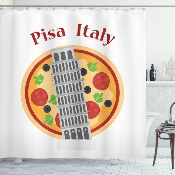 Italy Shower Curtain, Cartoon Style Drawing Sketch of Leaning Tower of Pisa on Pizza Artwork, Fabric Bathroom Set with Hooks, 69W X 84L Inches Extra Long, White and Multicolor, by Ambesonne