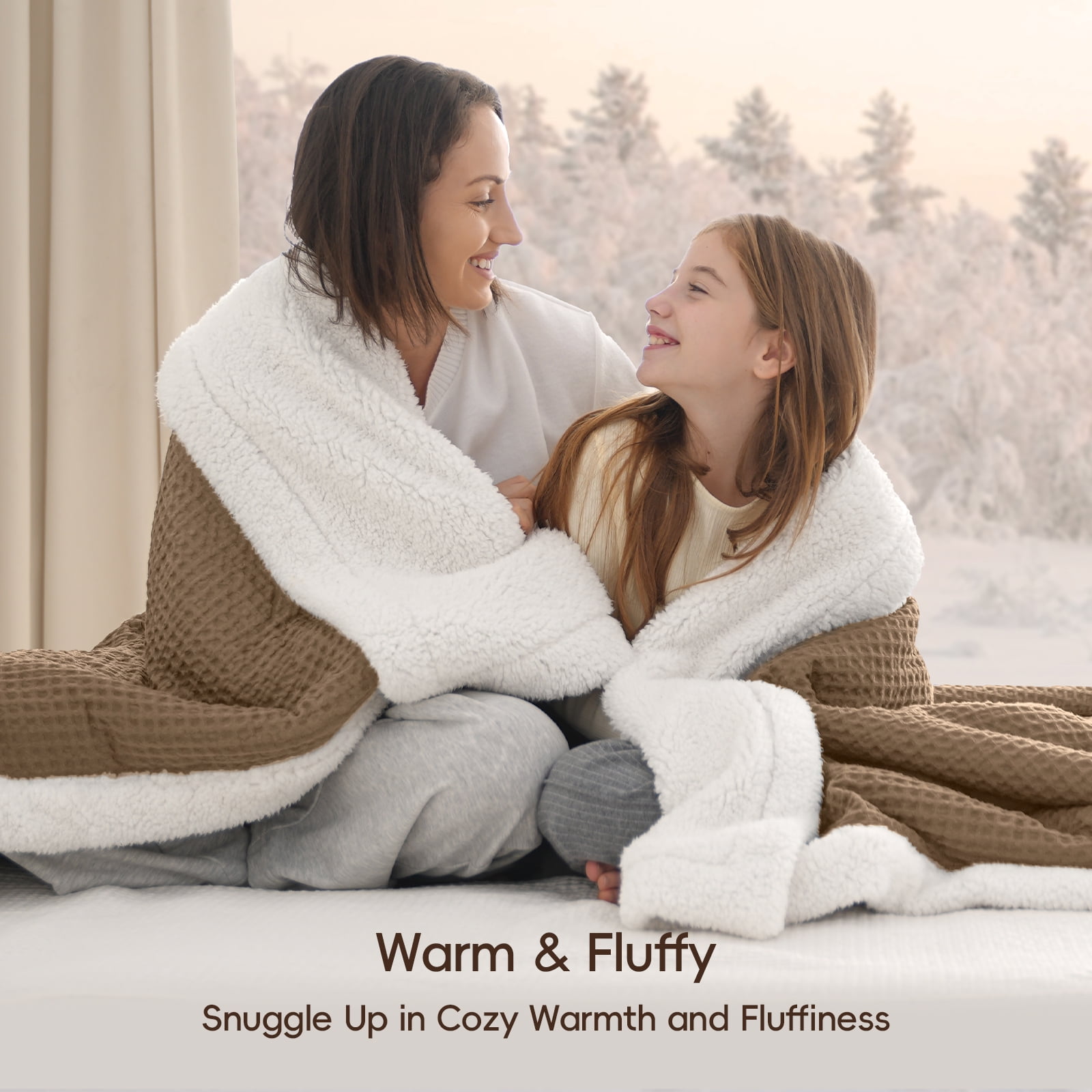 PHF Waffle Sherpa Bed Blanket King Size, Cozy Warm Reversible Plush Flannel Blanket for Winter, 104" x 90", Mocha