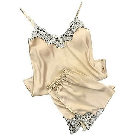 Emmababy 2pcs Women Satin Lace Babydoll V-Neck Sleeveless Top Shorts Pajamas Set