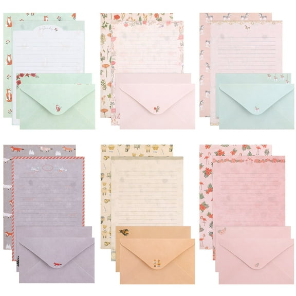 sixwipe 54 Pcs Stationery Set with Envelopes, 36 Writing Paper and 18 Envelopes, Cute Lined Stationery Paper with 60 Round Dot Label Seals for Writing Letters Invitations Poem