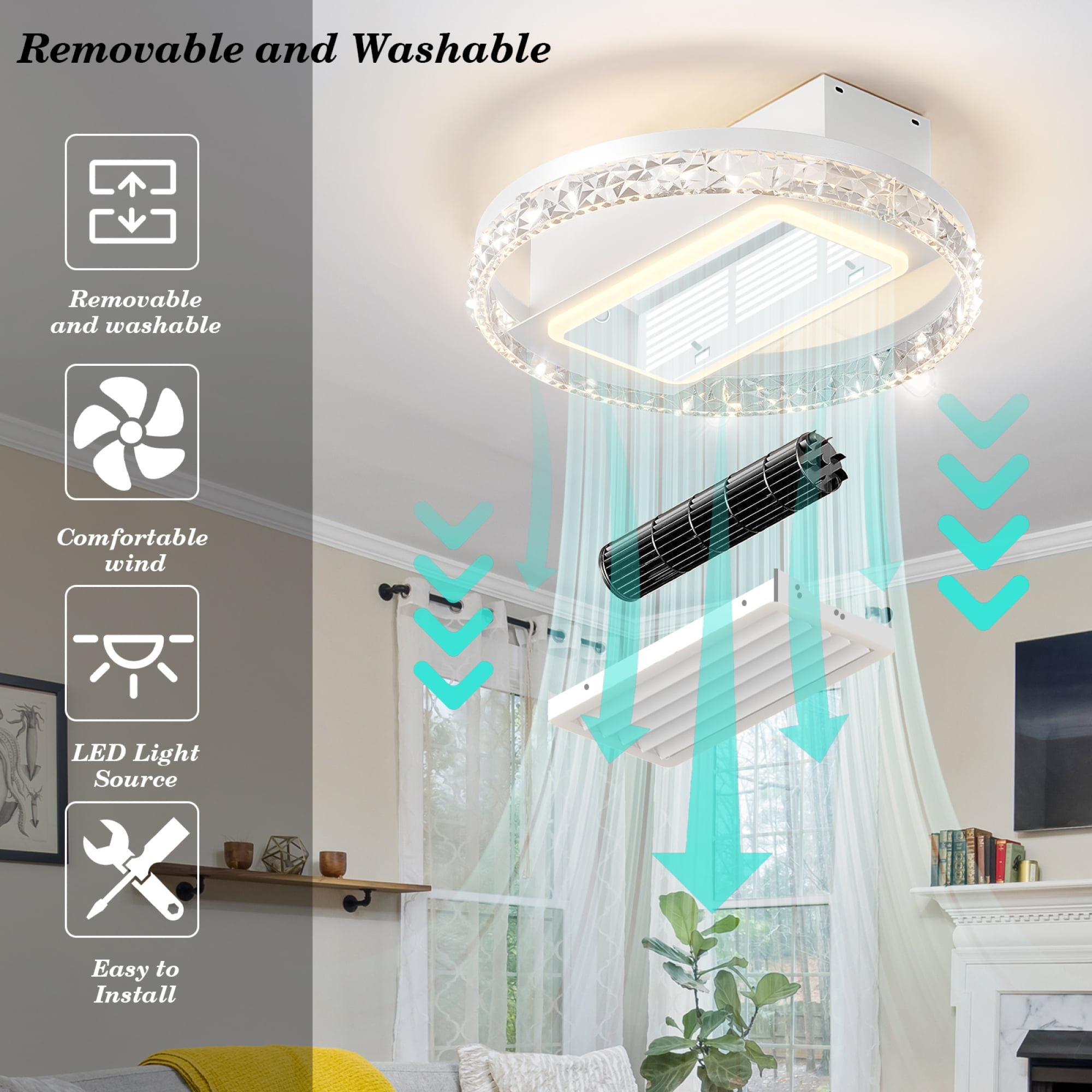 Jopath 20" Bladeless Ceiling Fan Light with Remote Control, Crystal Ceiling Lamp with Air Circulation and Adjustable Brightness for Living Room, Dining Room, or Bedroom, Silent/6-Speed