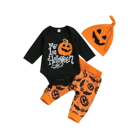 

jaweiwi Baby Toddler Boys Girls Halloween Outfits 0 3M 6M 9M 12M 18M Long Sleeve Pumpkin Print Romper + Pants + Hat Set Infant Clothes