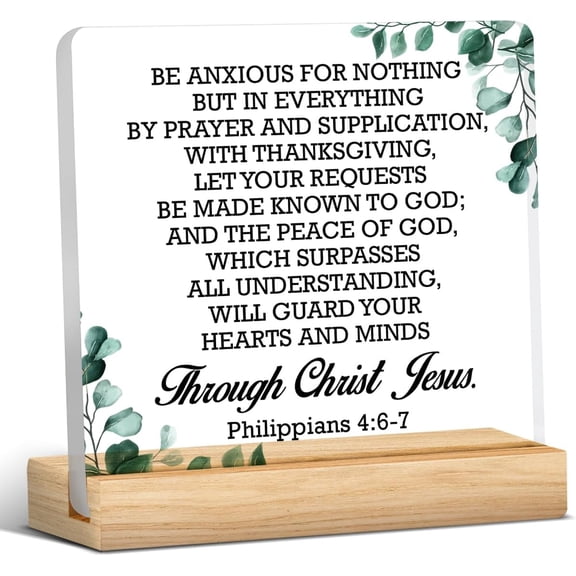 Inspirational Christian Gift for Women Men, Religious Christian Gift, Bible Verse Philippians 4:6-7 Scripture Acrylic Desk Sign Decor 4x4 Inch