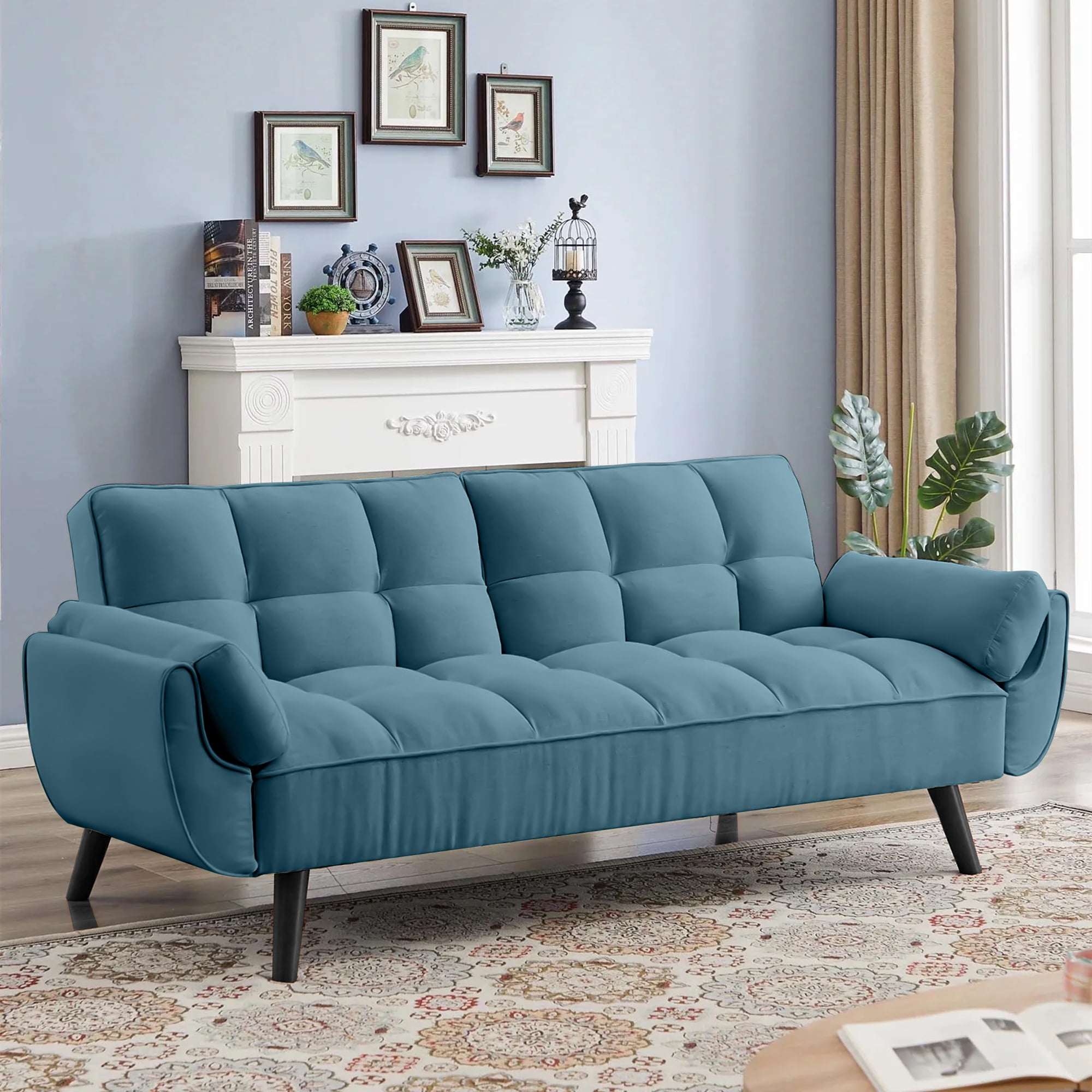 Aukfa 75" Flared Arm Futon Convertible Sofa Bed, Curved Sleeper Sofa for Home Office, Blue