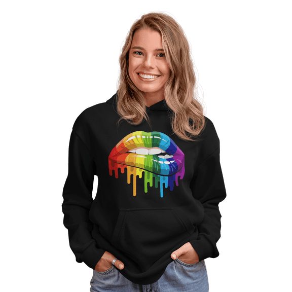 Gildan Heavy Blend Women's Hooded Sweatshirt, Multicolor Lips Print, Black, Size Small