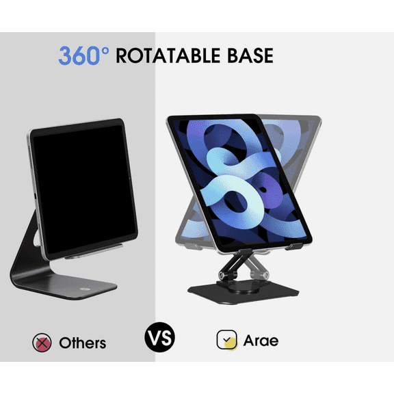 Arae Tablet Stand 360° Rotating Adjustable Metal Holder for iPad Pro, iPad Air, Tablets 4–13 Inches, Foldable Desktop Stand