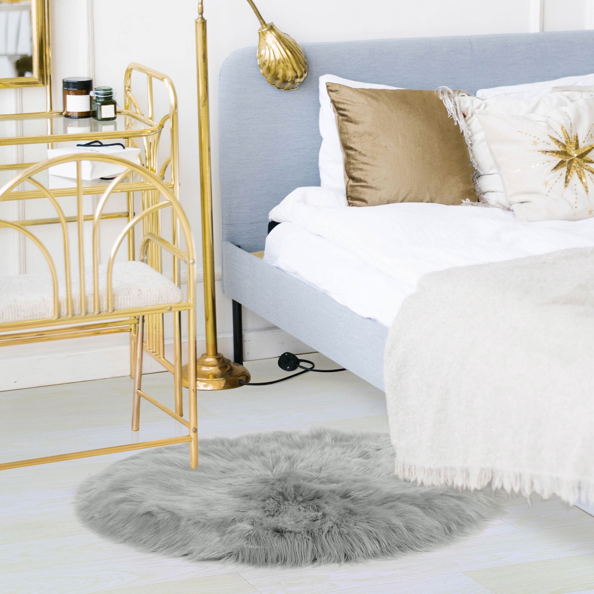 Unique Bargains Artificial Animal Wool Soft Faux Fur Sheepskin Plush Area Rug Light Gray 2x2 Feet Round