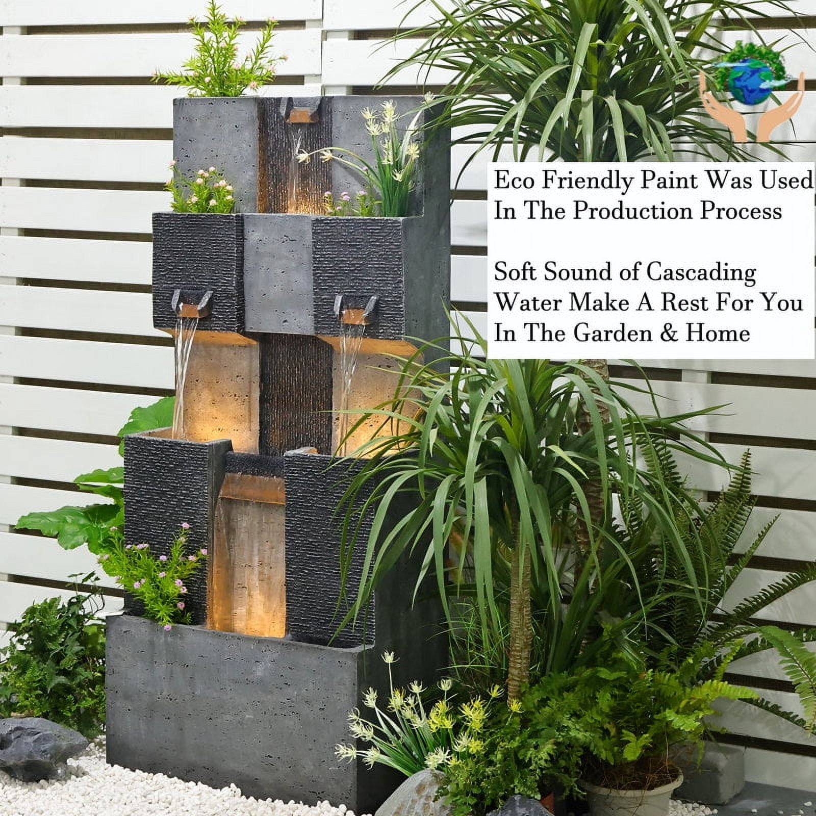 Outdoor Fountain 4 Tiered Modern Waterfall Fountains with LED Lights for Garden, Living Room, Patio, Home Decor