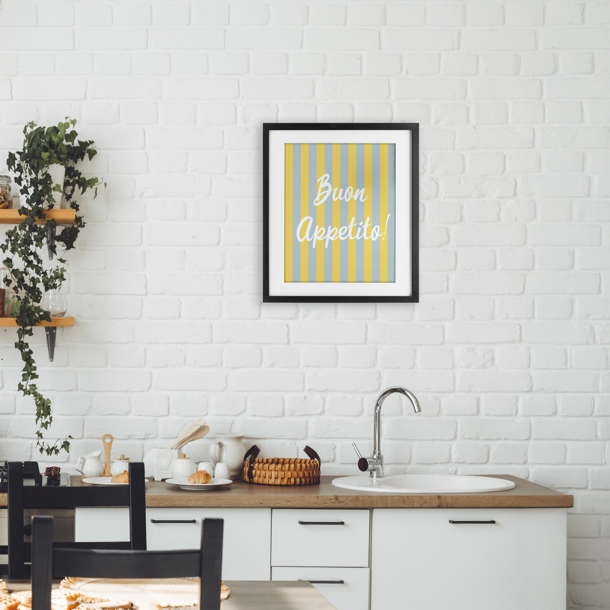 Stupell Industries Buon Appetito Blue Yellow Stripes Black Framed Print Under Glass, design by SD Graphics Studio