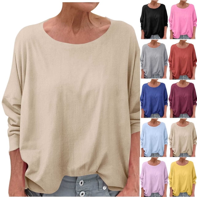 Sentmoon Linen Tops for Women Summer Crew Neck Loose Womens Blouses Breathable Solid Color Short Sleeve Vacation Shirts Fashion for Weekend Brunch S