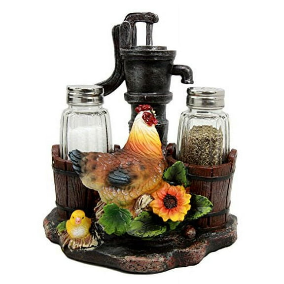Farm Irrigation Well Pump Chicken Hen Salt Pepper Shakers Holder Figurine Set