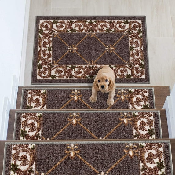 Stair Treads Fleur De Lis Floral Design Machine Washable Non Slip Backing, 8.5''X26''
