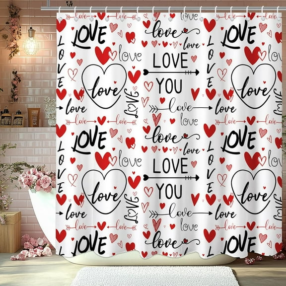 jafea Romantic Valentine''s Day Shower Curtain I Love You Words Red Hearts Bath Curtain Romance Couple Valentine Waterproof Fabric Bathroom Decor with 12 Hooks