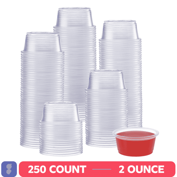GUSTO 2 oz Jello Shot Cups, 250 Sets Clear Plastic Condiment Cups for Sauces, Dressings & Food Samples (No Lids)