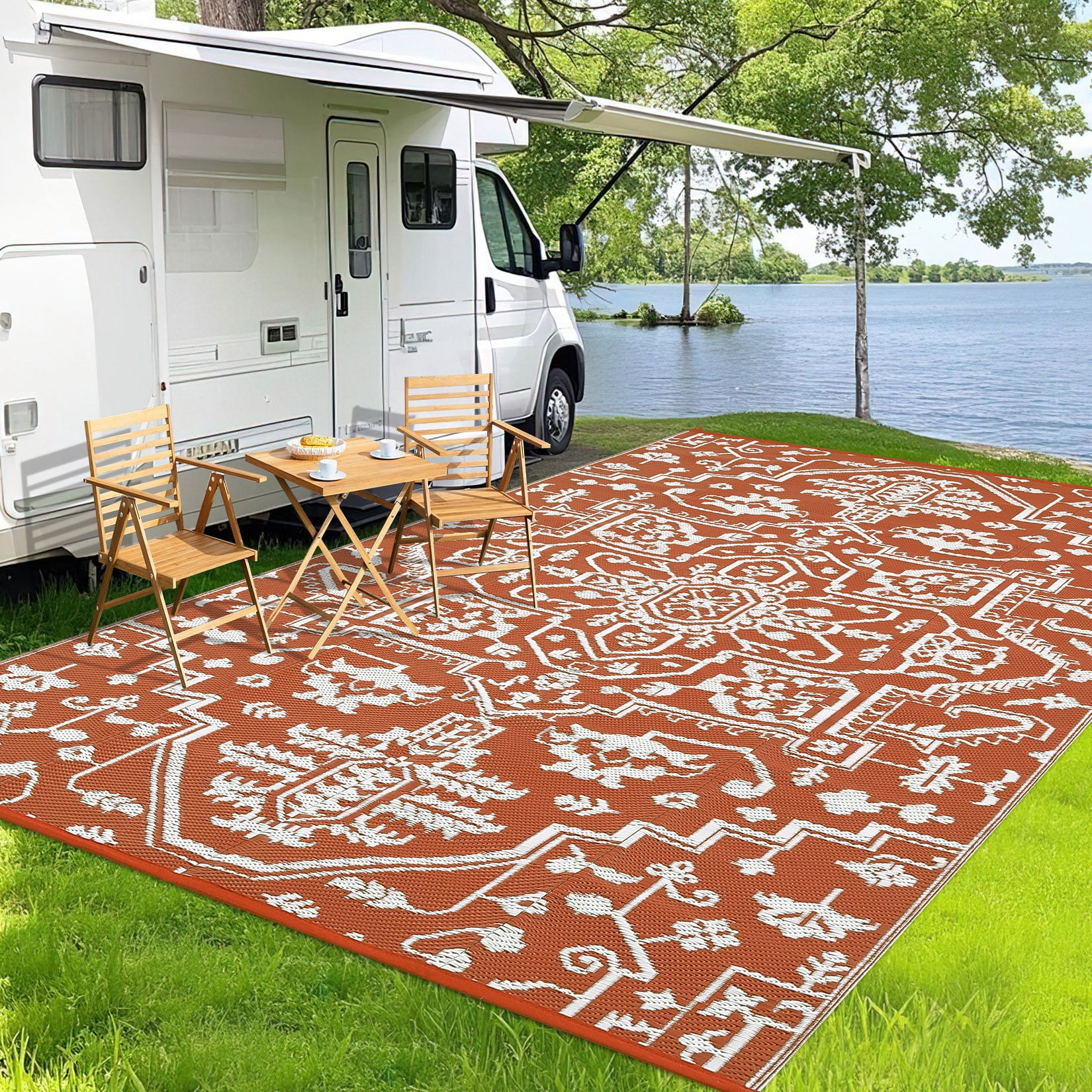 Haperlare 9'x12' Waterproof Outdoor Rug, Reversible Plastic Straw Patio Rug Vintage Medallion Outdoor Carpet, Stain Resistant Portable RV Mat for Balcony, Porch, Picnic, Backyard, Red and White