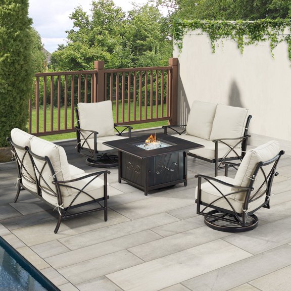 Black Aluminum Fire Table Set with Two Deep Seating Loveseat with Cushions and Two Club Chairs