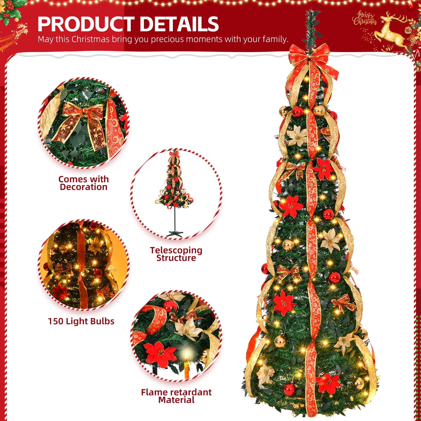 6ft Fully Decorated Pop-Up Christmas Tree with 150 LED Lights 8 Modes