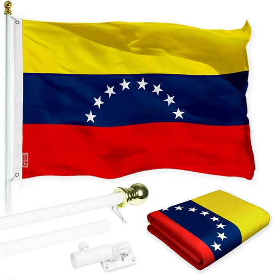 G128 Combo Pack: 6 Ft Tangle Free Spinning Flagpole (White) & Venezuela Flag 3x5 Ft Printed 150D Polyester, Brass Grommets (Flag Included) Aluminum Flag Pole