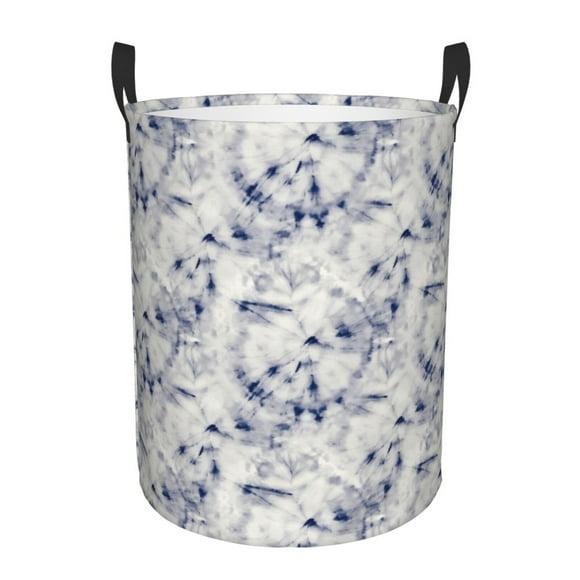 Saiise Indigo Tie Dye Print Large Collapsible Laundry Basket, Waterproof Round Cotton Linen Storage Bin with Handles for Hamper, Kids' Room, and Toy Storage-Medium