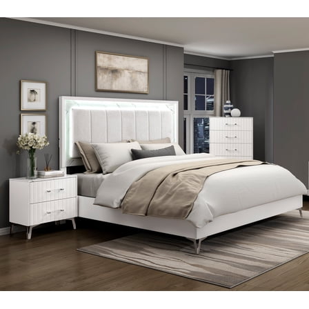 3pc Set Bedroom Furniture White King Size Bed Chest Nightstand LED Headboard