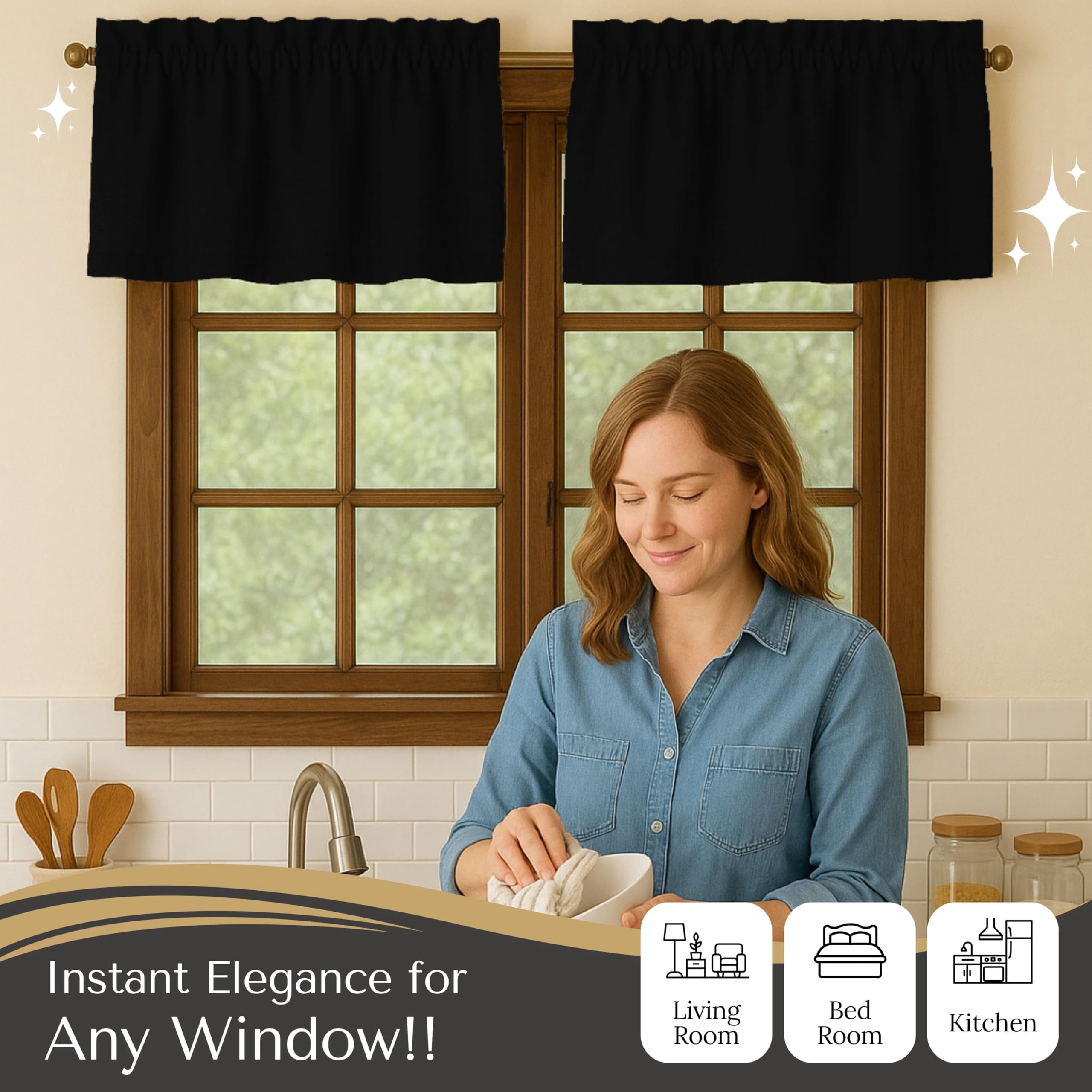 Native Fab Set of 2 Valance Curtains for Windows 54"x18" for Living Room Bedroom Kitchen Windows Bathroom, Farmhouse Vintage Curtain Valances Rod Pocket - Black