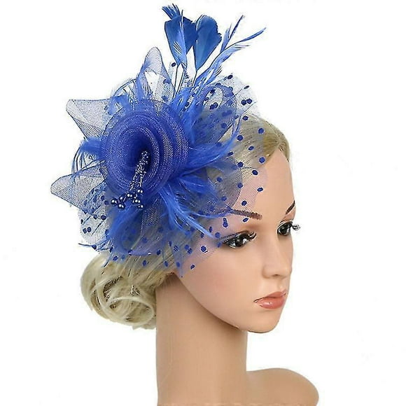 Tocado para mujer, diadema para fiesta de té, boda, cóctel, flores, malla, plumas, pinza para el pelo (azul oscuro)
