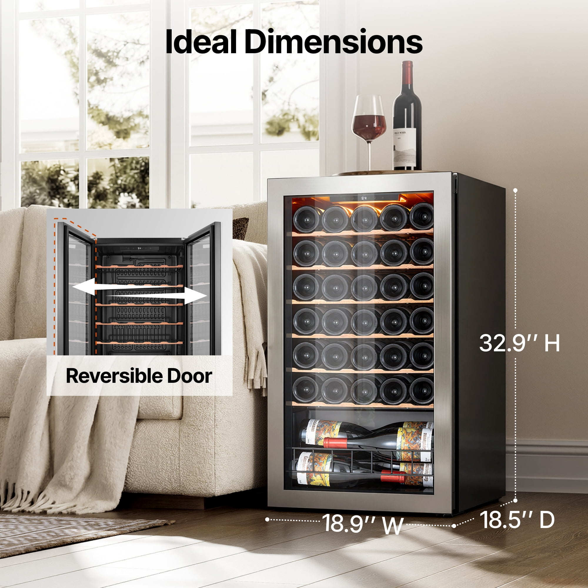 Ca'Lefort Wine Cooler Refrigerator, 3.35 cu.ft. Mini Wine Fridge Freestanding Wine Chiller with Double-Layer Glass Door for Home/Office